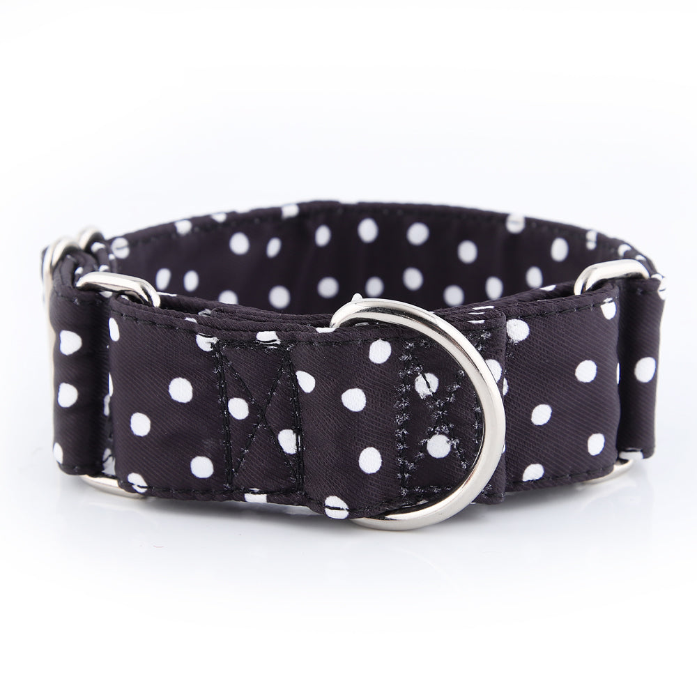 martingale collar black with white polka dot front